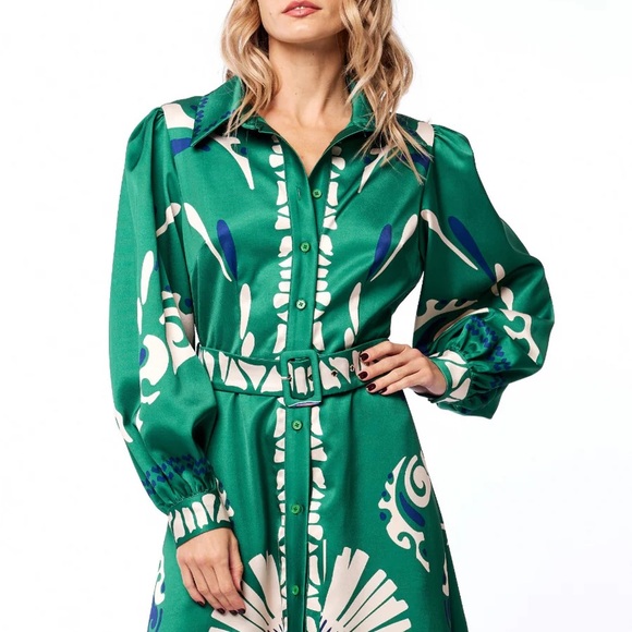 Ciebon Dresses & Skirts - Ciebon Green Ruffled Long Sleeve Shirt Dress